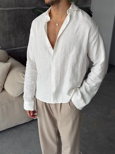 DESENLİ KETEN GÖMLEK BEYAZ-V