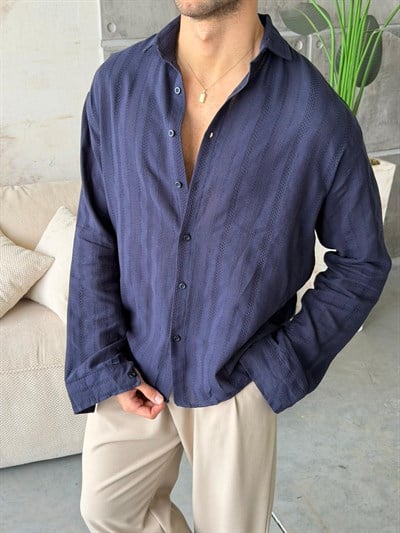 DESENLİ KETEN GÖMLEK LACİVERT-V