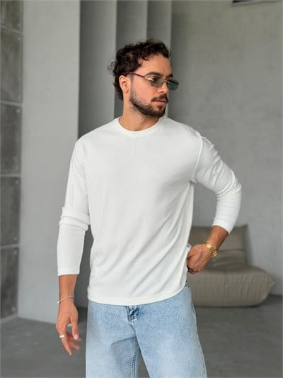Dikiş Detaylı Pamuk Basıc Regular Sweat M - BEYAZ