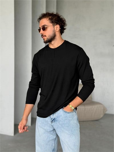 Dikiş Detaylı Pamuk Basıc Regular Sweat M - SİYAH