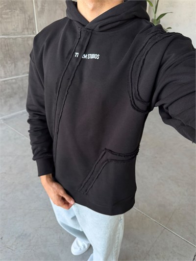 Dış Dikiş Detaylı Oversize Kapüşonlu Sweat T Siyah
