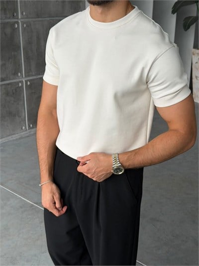 Dubble Face Kumaş Basıc T-shirt Krem