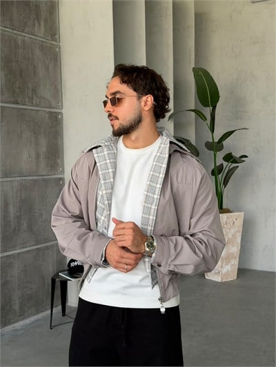 Ekose Yaka Detaylı Fermuarlı Ceket T Taş