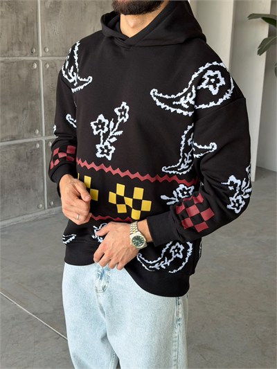 Etnik Desenli Oversize Kapüşonlu Sweat T Siyah