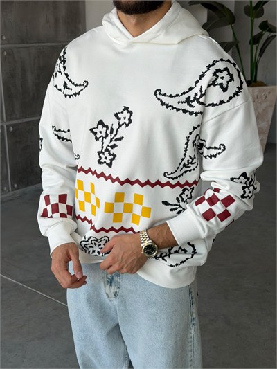 Etnik Desenli Oversize Kapüşonlu Sweat T Beyaz