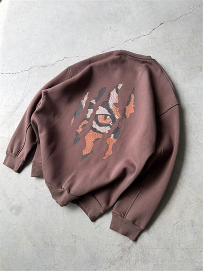 Eyes Baskılı Oversize 3 İplik Bisiklet Yaka Sweat Kahverengi