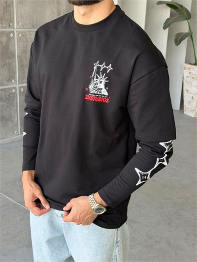 Eyfel Baskılı Yıkamalı Çift Kol Oversize Sweat T Siyah