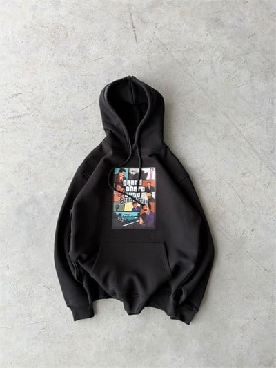 Fathers Baskılı Oversize 3 İplik Kapüşonlu Sweat Siyah