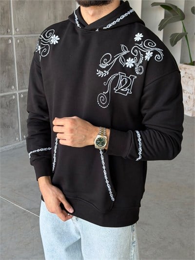 Floral Baskılı Oversize Kapüşonlu Sweat T Siyah