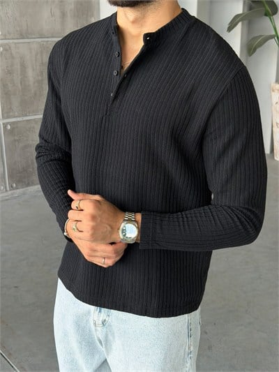 Henley Yaka Fitilli Sweat M Siyah