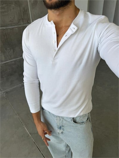 Henley Yaka Fitilli Uzun Kol M - BEYAZ