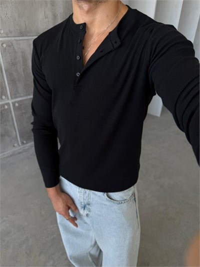 Henley Yaka Fitilli Uzun Kol M - SİYAH