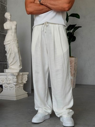 KETEN KUMAL BAGGY PİLELİ PANTOLON K - BEYAZ