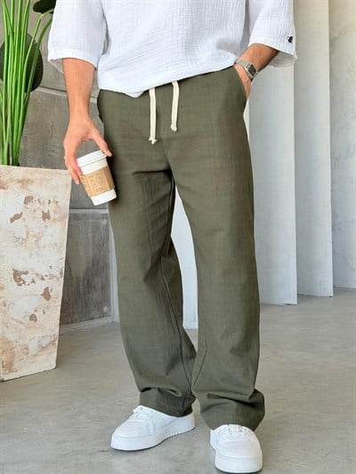 Keten Kumaş Baggy Pantolon - Haki