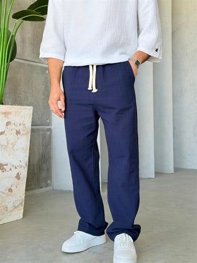 Keten Kumaş Baggy Pantolon - Lacivert