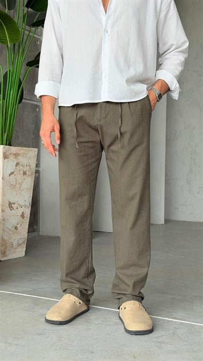 KETEN KUMAŞ PANTOLON İP KEMER PİLELİ - W-HAKİ