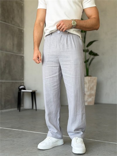 Keten Kumaş Pileli Baggy Pantolon T Gri