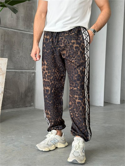 Leopar Desenli Yan Şerit Detaylı Baggy Pantolon T Koyu Leopar