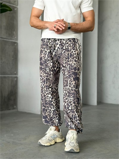 Leopar Desenli Yan Şerit Detaylı Baggy Pantolon T Açık Leopar