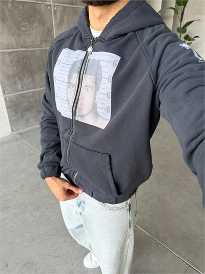 M.ALİ Baskılı Yıpratma Detaylı Fermuarlı Sweatshirt T Koyu Lacivert