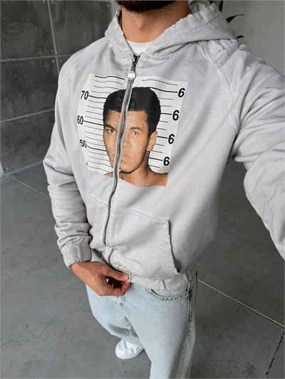 M.ALİ Baskılı Yıpratma Detaylı Fermuarlı Sweatshirt T Taş
