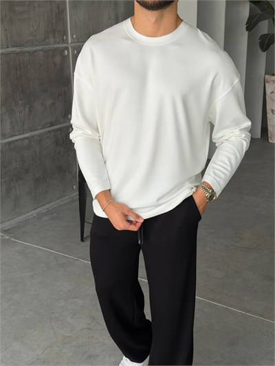 Naturel Kesim Basıc Bisiklet Yaka Sweat Beyaz