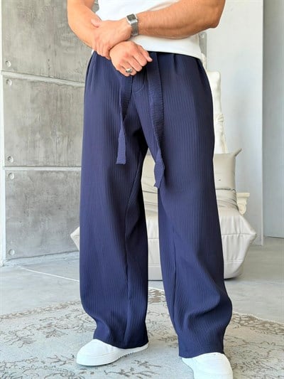 Ottoman kumaş FİTİLLİ Wide Leg Pantolon - LACİVERT