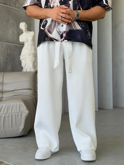 Ottoman kumaş FİTİLLİ Wide Leg Pantolon - BEYAZ