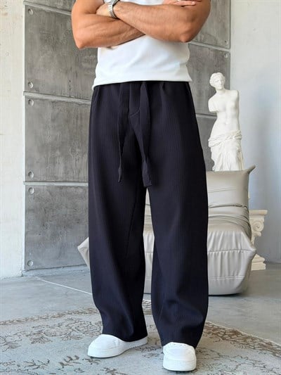 Ottoman kumaş FİTİLLİ Wide Leg Pantolon -SİYAH