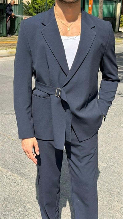 Oversize Kemer Detaylı Kruvaze Blazer Takım -Lacivert