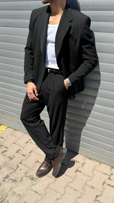 Oversıze Kruvaze Takım Elbise-Siyah