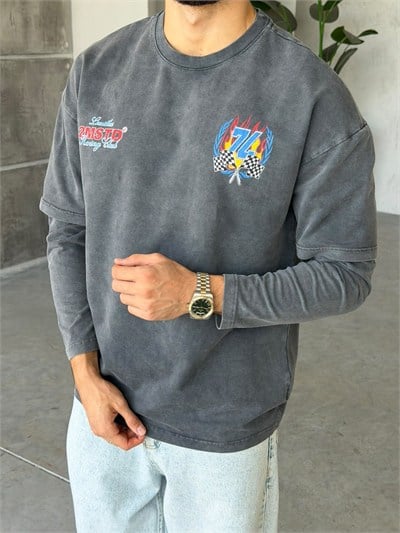 Racing Baskılı Yıkamalı Çift Kol Oversize Sweat T Siyah