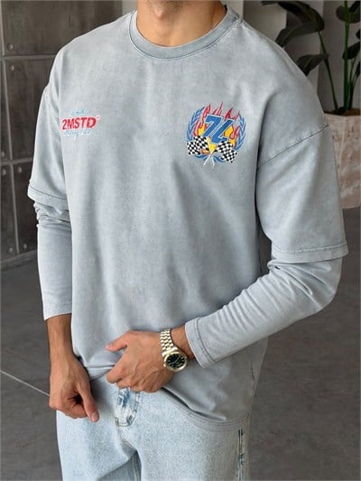 Racing Baskılı Yıkamalı Çift Kol Oversize Sweat T Gri