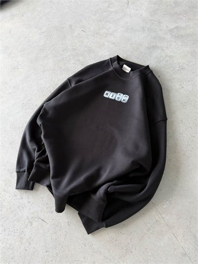 Rıch Baskılı Oversize 3 İplik Kapüşonlu Sweat Siyah