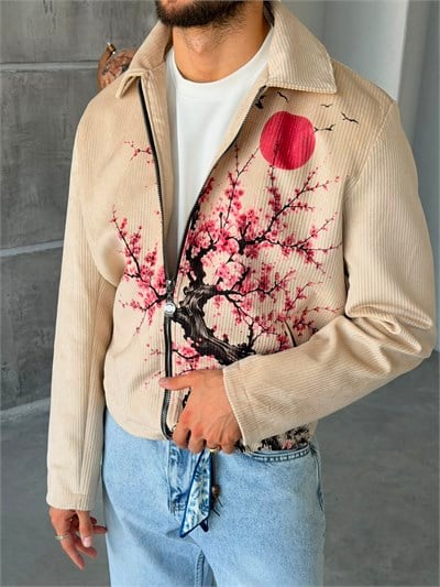 SAKURA DESEN Premıum Baskılı Tasarım Fermuarlı Ceket
