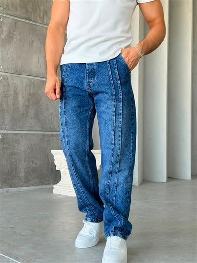 Şerit Detaylı Mavi  Baggy Kot Pantolon-W