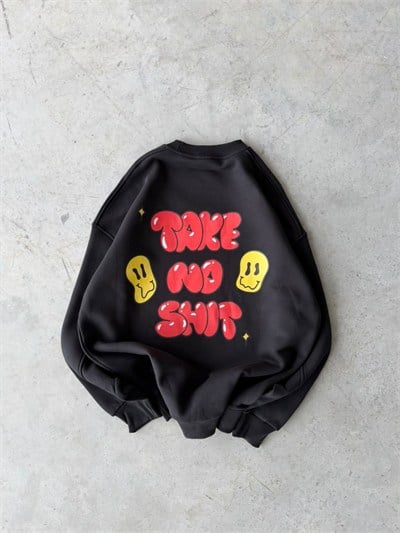 Shit Baskılı Oversize 3 İplik Bisiklet Yaka Sweat Siyah
