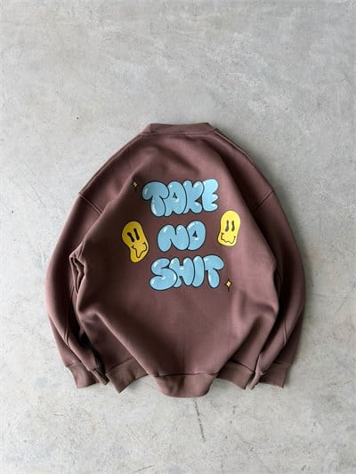 Shit Baskılı Oversize 3 İplik Bisiklet Yaka Sweat Kahverengi