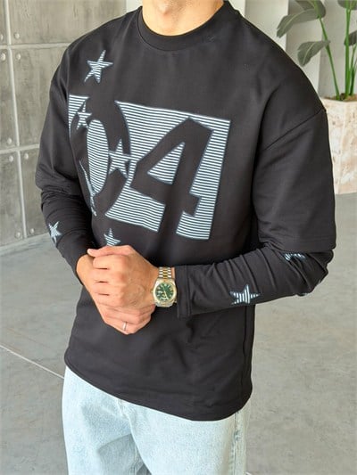 Star Baskılı Yıkamalı Çift Kol Oversize Sweat T Siyah