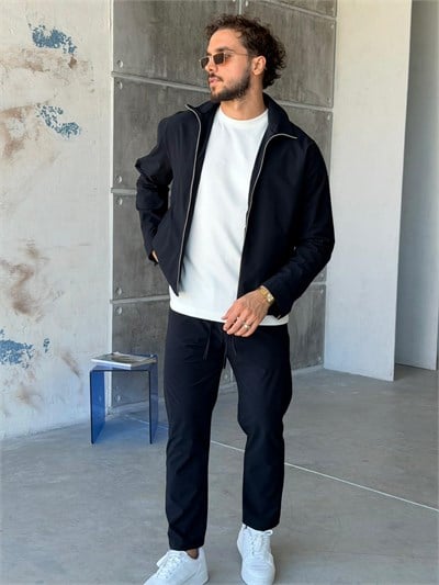 Tech Kumaş Fermuarlı Ceket Pantolon Takım M- KOYU LACİVERT