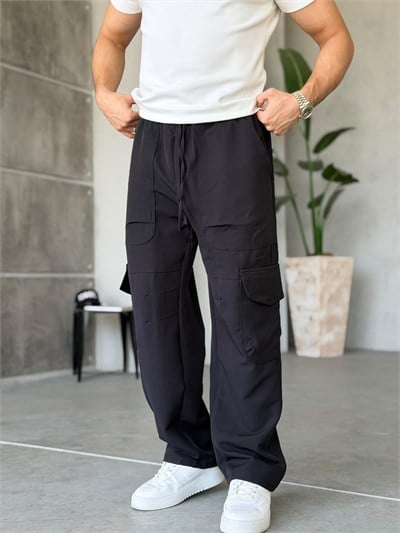 Tech Kumaş Kargo Cep Baggy Pantolon T Siyah