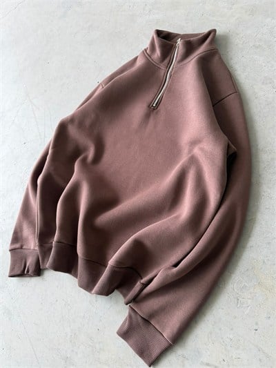 Yarım Fermuarlı Basıc Sweat Kahve