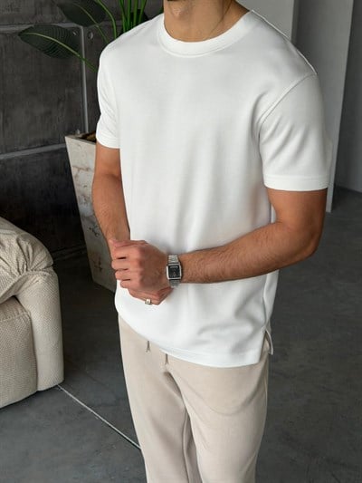 YIRTMAÇ DETAYLI Modal kumaş basıc tshırt BEYAZ-Ant