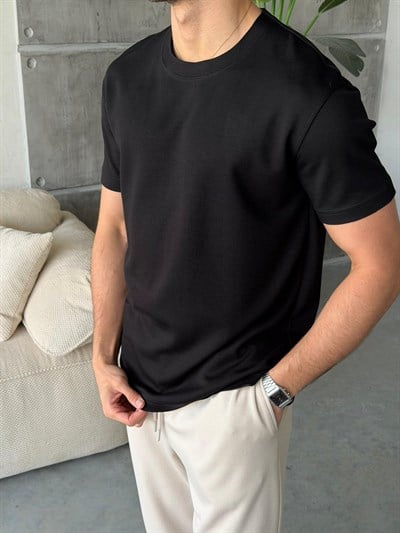 YIRTMAÇ DETAYLI Modal kumaş basıc tshırt SİYAH-Ant