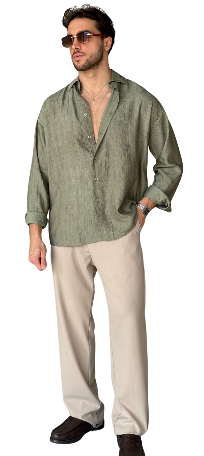 GM1772 Desenli Modal Kumaş Gömlek Haki