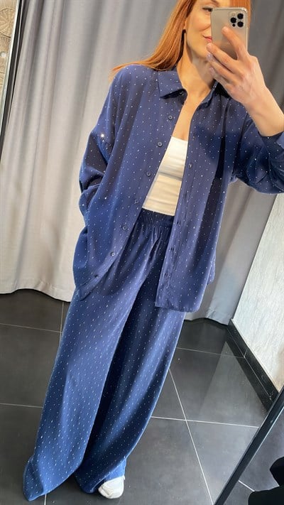 Taşlı Modal Gömlek Pantolon Takım