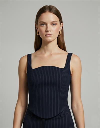 Diana Lacivert Çizgili  Askılı Crop Bluz