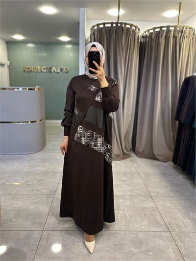 Defrina Deri Detaylı Elbise Kahverengi 41129