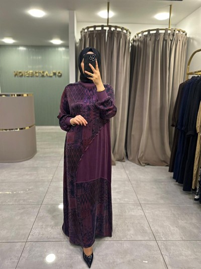 Defrina Geo Desenli Qupra Elbise Mor 41090
