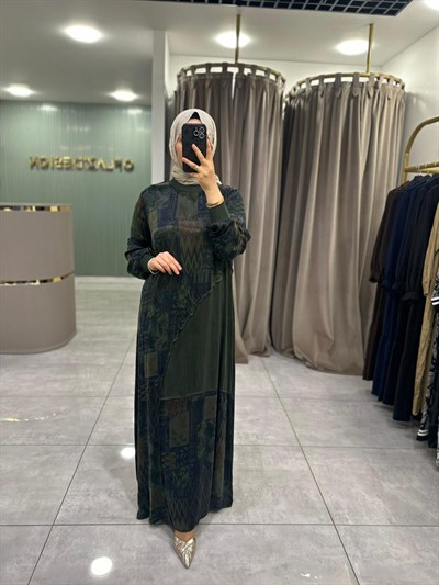 Defrina Geo Desenli Qupra Elbise Yeşil 41090